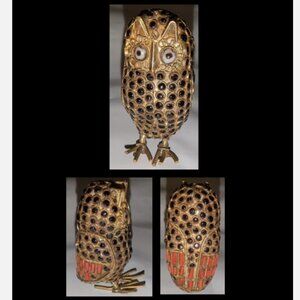 Tibetan Owl Figurine Brass Black Onyx Turquoise Red Coral Filigree 2 1/4"